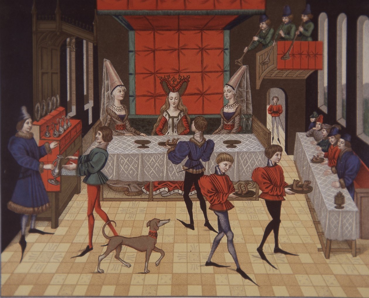 15th century medieval aristocratic ladies served dinner (colour litho) بواسطة مدرسة اللغة الإنجليزية