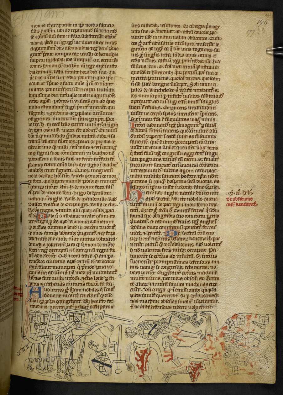 Cott Nero D II f.177 معركة Evesham وموت Simon de Montfort (1208-65) في 4 أغسطس 1265 ، من `` Commendatio Lamentabilis in Transitu Edward IV '' (رق) بواسطة مدرسة اللغة الإنجليزية