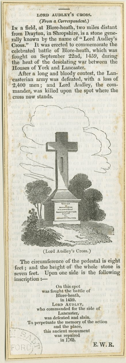 Drayton-in-Hales - &39;Audley Cross on Blore Heath&39;: نقش على الخشب ، nd [؟ 19th cent] (print) بواسطة مدرسة اللغة الإنجليزية