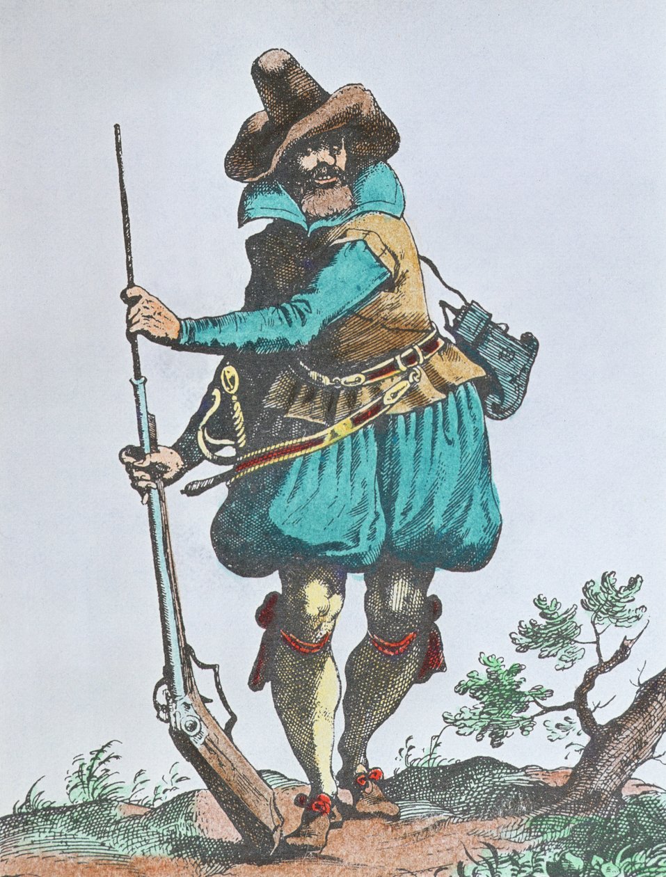 German soldier of the early 17th century, armed with matchlock musket (colour engraving) بواسطة مدرسة اللغة الإنجليزية