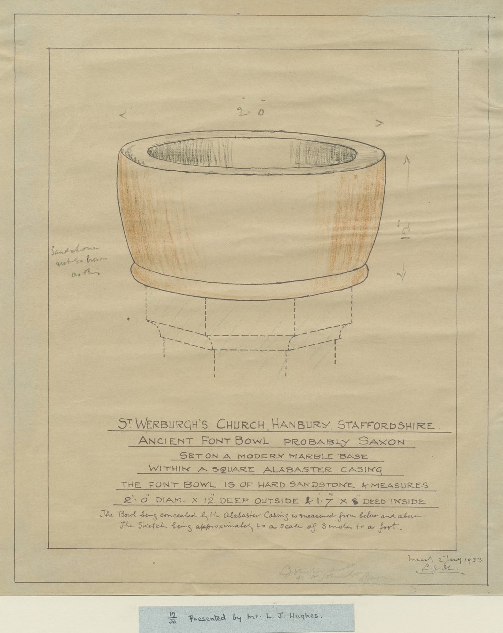 كنيسة هانبري - Ancient Font Bowl: تتبع ، بدون تاريخ [1933] (رسم) بواسطة مدرسة اللغة الإنجليزية