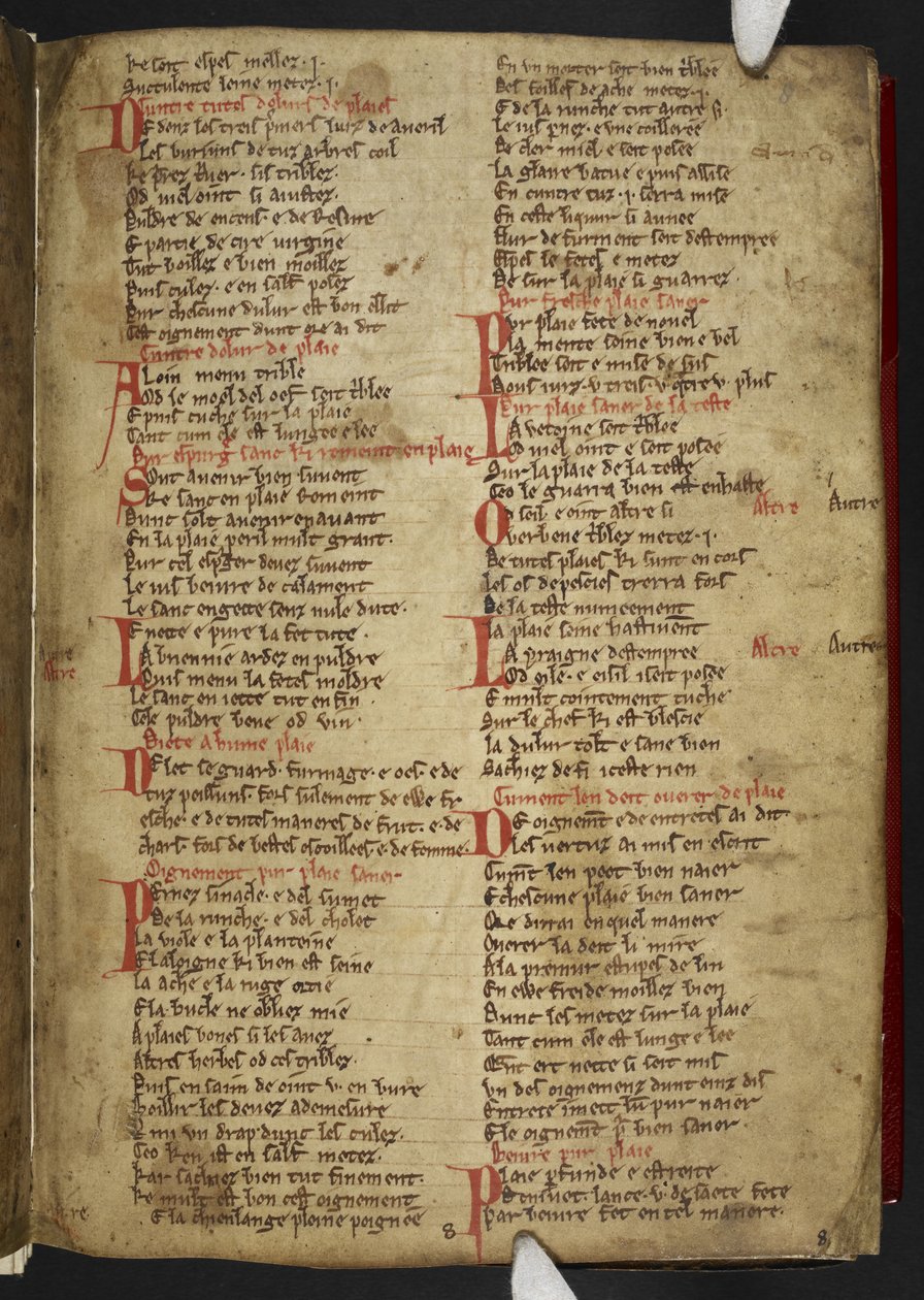 Harley MS 2558 f.8r ، Novele cirurgerie ، مقتطفات (365 سطرًا). مجموعة من الوصفات الطبية في الآية الأنجلو نورماندية (الرق) بواسطة مدرسة اللغة الإنجليزية