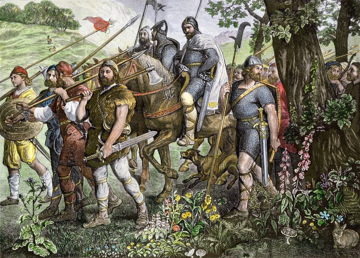 رجال كنت يذهبون إلى المعركة للدفاع عن إنجلترا أثناء الغزو النورماندي عام 1066 (نقش ملون) بواسطة مدرسة اللغة الإنجليزية