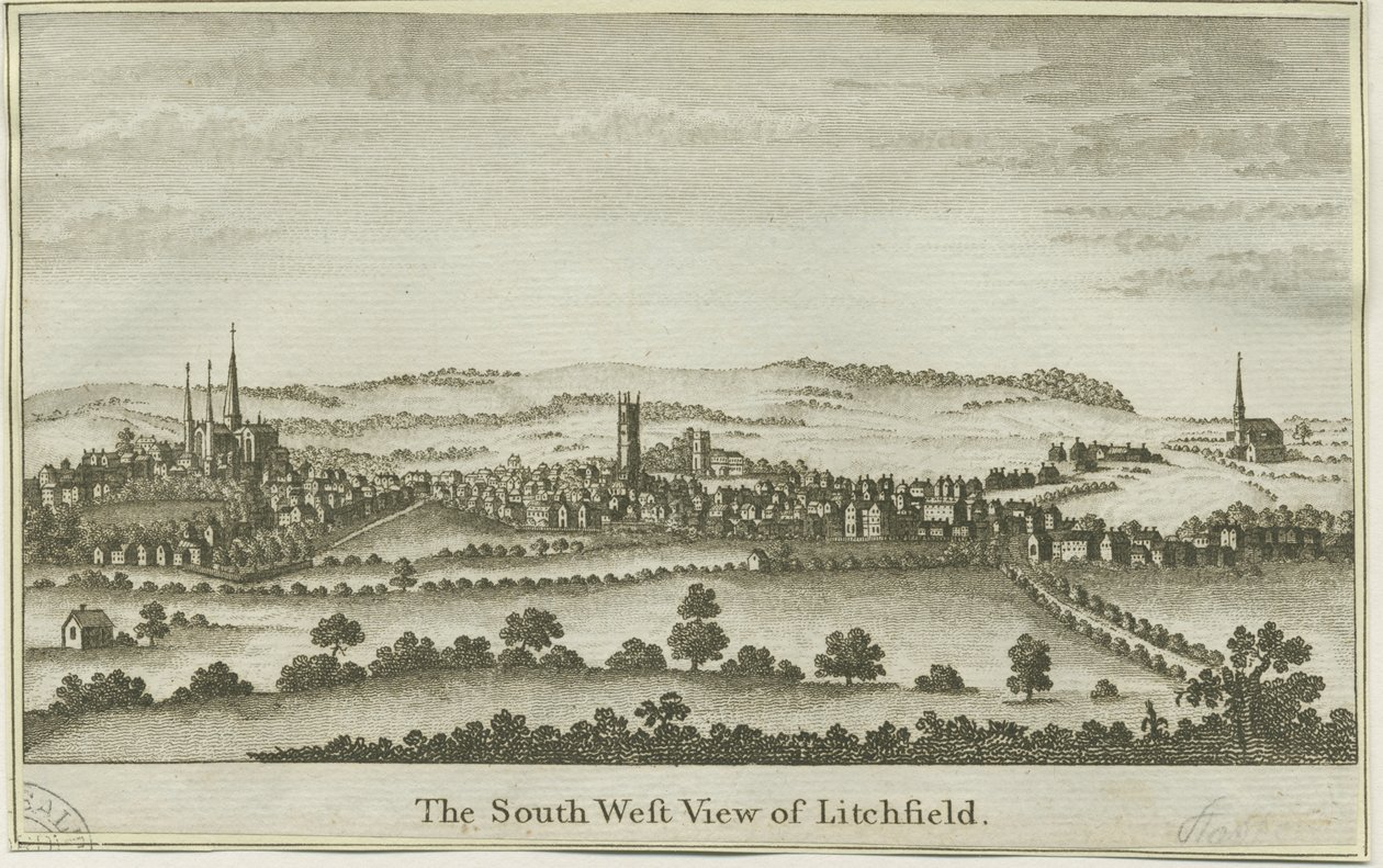 Lichfield - منظر الجنوب الغربي: نقش على لوح نحاسي ، بدون تاريخ [أواخر القرن الثامن عشر] (طباعة) بواسطة مدرسة اللغة الإنجليزية