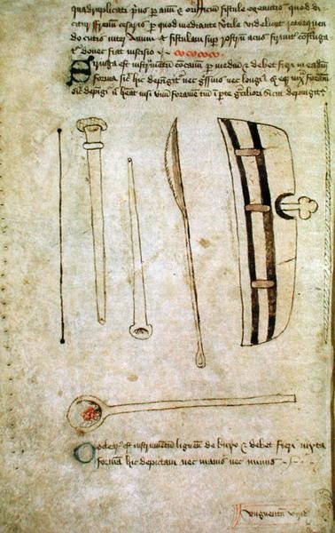 السيدة هانتر 112 f.44v من "منظار Phlebotomiae" بواسطة John Arderne ، حوالي 1349-1450 (قلم وحبر على ورق) بواسطة مدرسة اللغة الإنجليزية