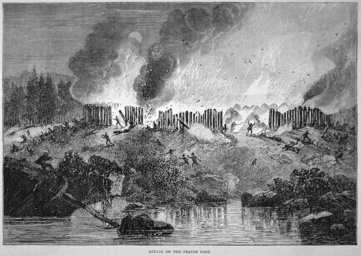 New England white settlers attack the Pequot Indian fort during the Pequot War of 1637 (engraving) بواسطة مدرسة اللغة الإنجليزية