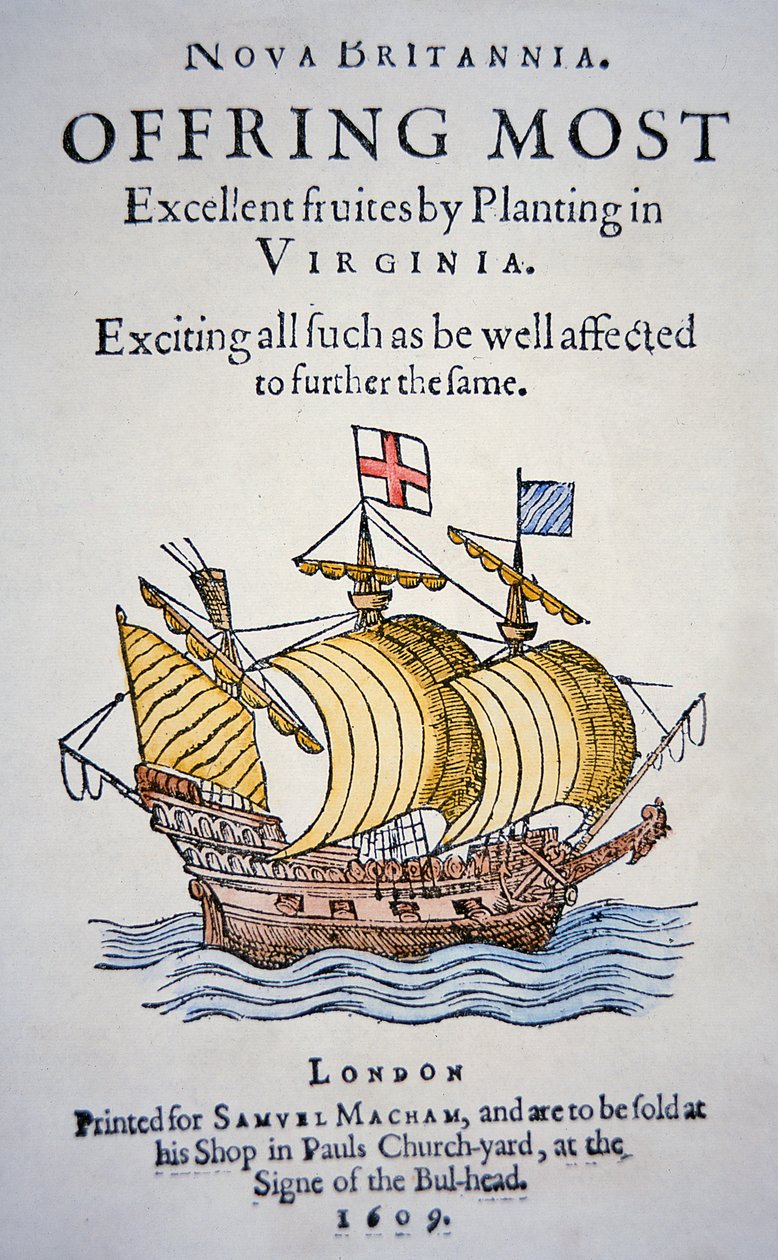 كتيب يشجع المستعمرين على الذهاب إلى فرجينيا في أمريكا ، نُشر عام 1609 (لون ليثو) بواسطة مدرسة اللغة الإنجليزية