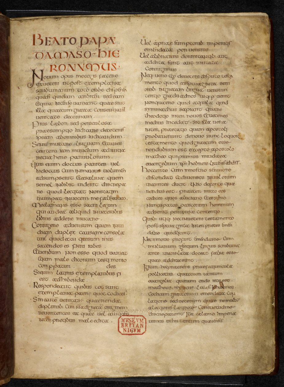 Royal MS Q E VI f.2r صفحة من الأناجيل ("الكتاب المقدس الملكي") (ورق) بواسطة مدرسة اللغة الإنجليزية
