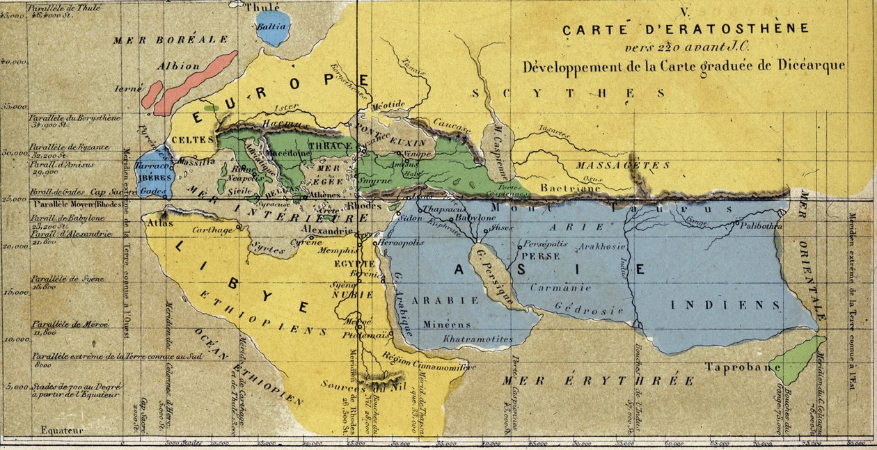 خريطة إراتوستين ، عالم الفلك اليوناني ، الجغرافي من القرن الثالث قبل الميلاد. جي سي. 220 ق جي سي بواسطة المدرسة الفرنسية