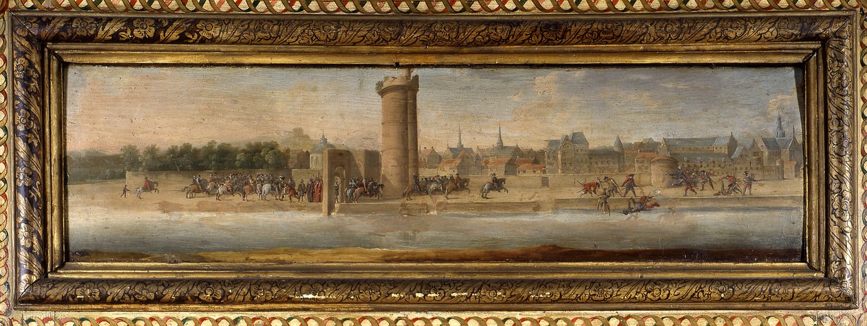 Entrée d'Henri IV à Paris: Charles de Cosse Brissac (Cosse-Brissac) فتح باب المؤتمر لهنري الرابع (1553 - 1610) - مناظر طبيعية متوسطة لواحدة من اللوحات الكبيرة للغرفة (المناظر الطبيعية مع 4 طيور السمان و 2 طيور اللقلق) - Salon de la Meilleraye. أرسين بواسطة المدرسة الفرنسية