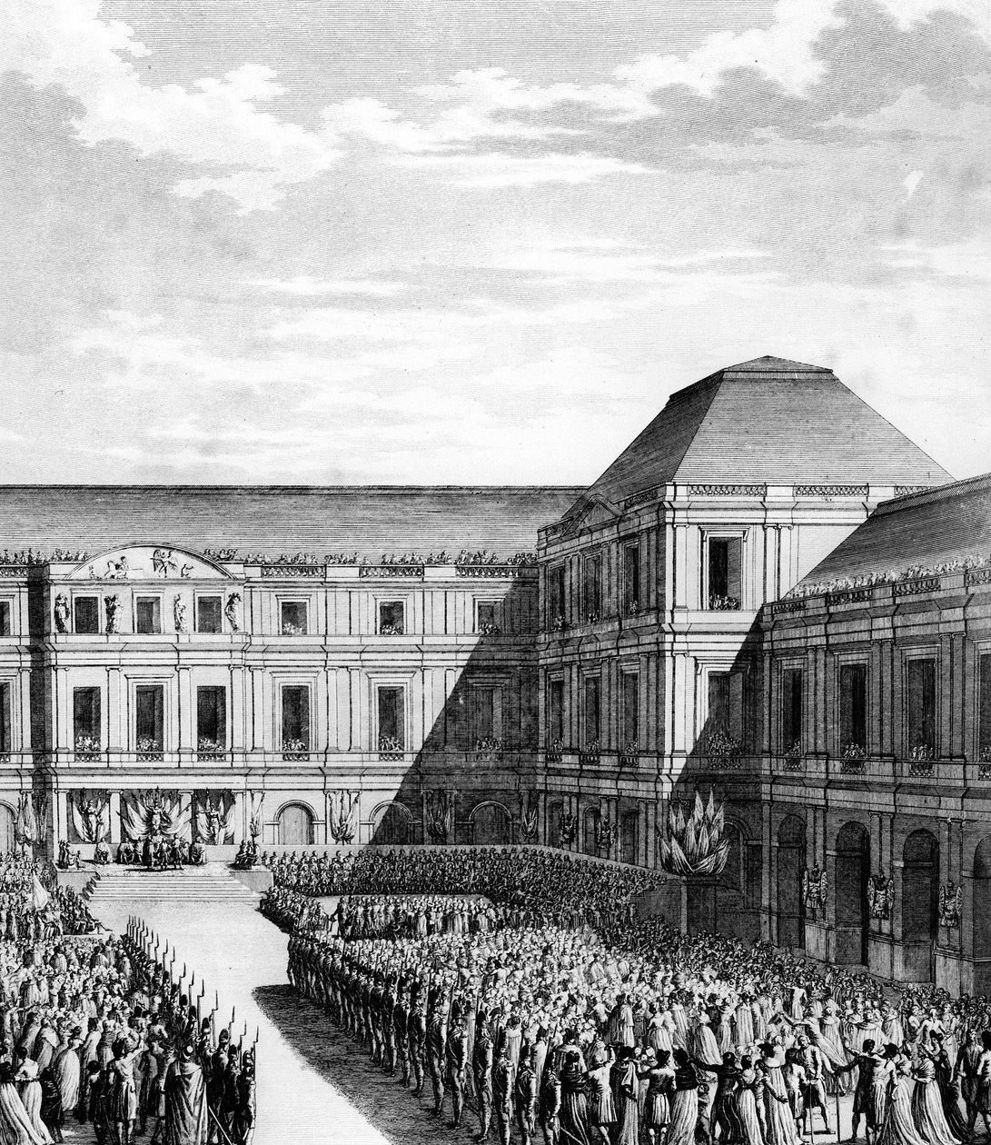 Fete قدمه نابليون الأول بونابرت (1769-1821) في قصر دو ديريكتوار الوطني (Palais du Luxembourg) في باريس بعد تجارة Campo Formio في 20 frimaire An VI (10 ديسمبر 1797). باريس ، مكتبة معهد تاريخ الثورة بواسطة المدرسة الفرنسية