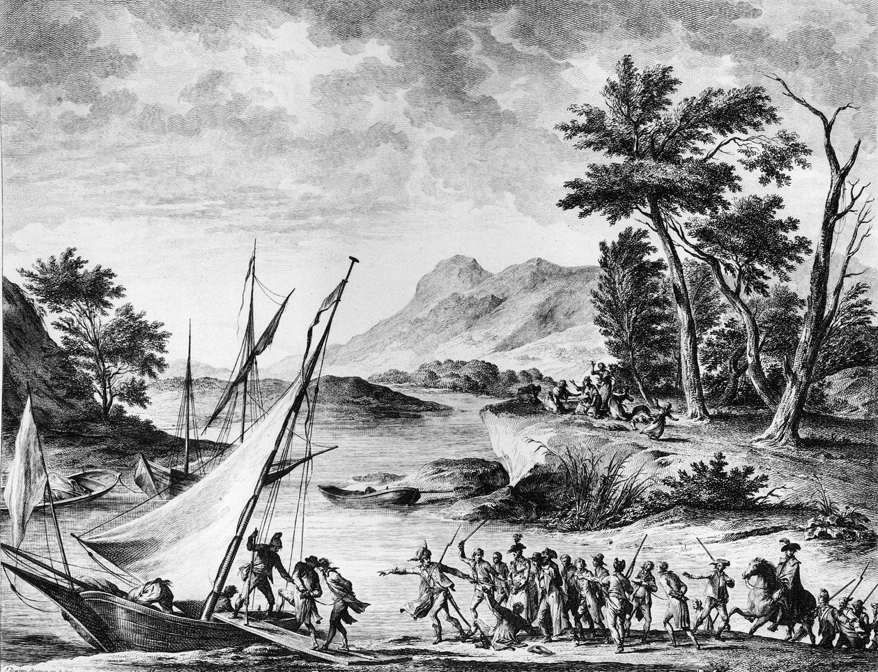 الثورة الفرنسية: اعتقال السفراء الفرنسيين تشارلز لويس هوغيت دي سيمونفيل (1759-1839) وهوج برنارد ماريت (1763-1839) في نوفاتي في 25 يوليو 1793. نقش ورسم لدوبليسي - بيرتوكس. باريس ، مكتبة معهد تاريخ ريفولو بواسطة المدرسة الفرنسية