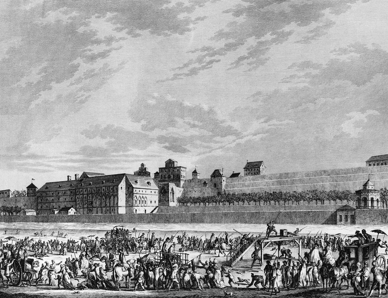 الثورة الفرنسية والحركات المناهضة للثورة: وفاة جان سيلفان بايلي (1736-1793) في 12 نوفمبر 1793 مقصلة ، لإيداعها لصالح ماري أنطوانيت في جلسة الاستماع ، في ساحة Champ de Mars في باريس. باريس ، مكتبة س بواسطة المدرسة الفرنسية