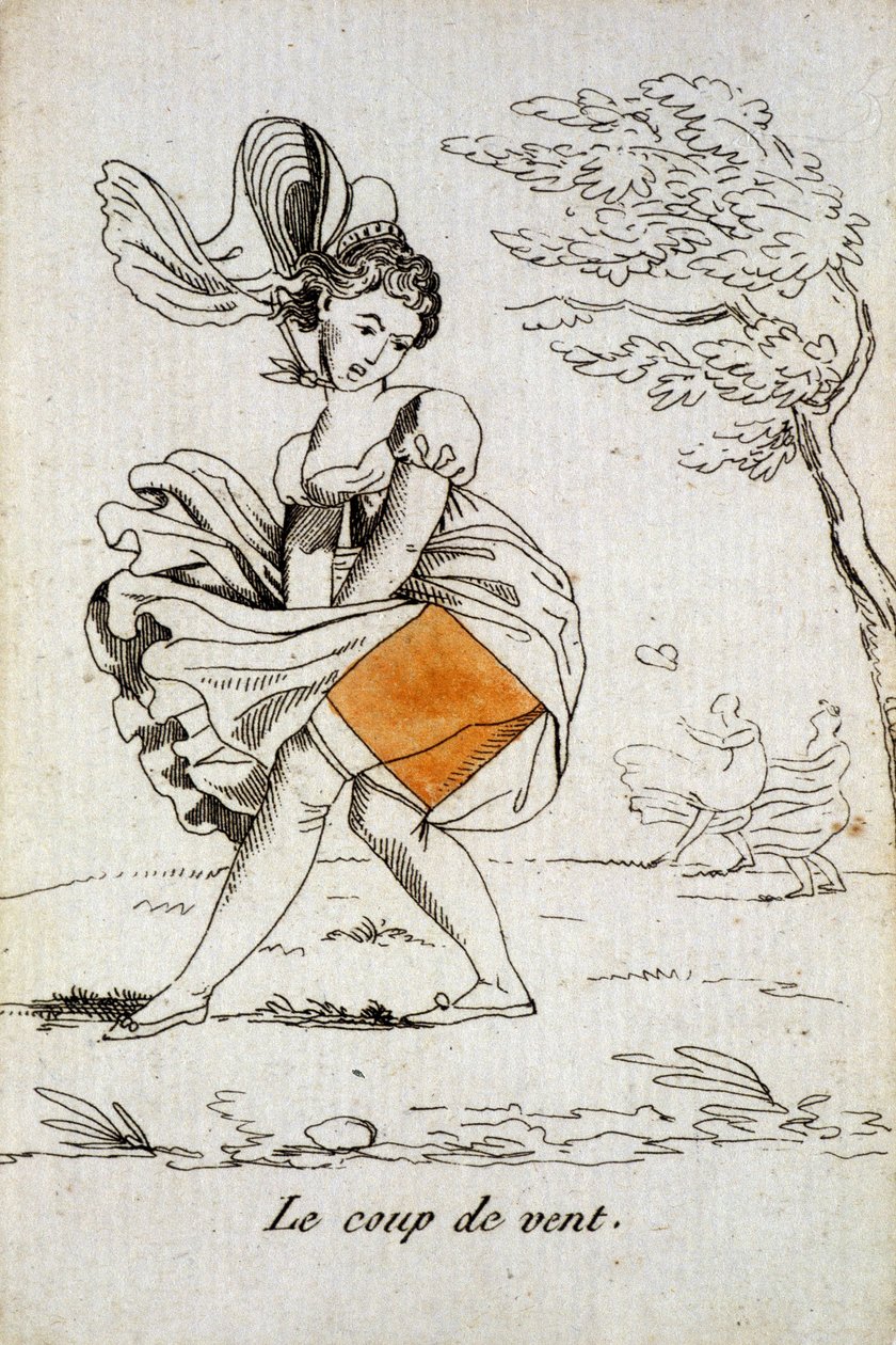 بطاقة قديمة للعب: آس الماس - "" عاصفة الريح "" "رفع تنورة المرأة. Musée de la Carte à Joucher، Issy-les-Moulineaux. بواسطة المدرسة الفرنسية