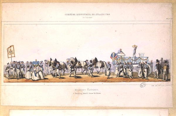 موكب Meuniers-Fariniers (Millers) في ستراسبورغ ، 25 يونيو 1840 (لون ليثو) بواسطة المدرسة الفرنسية