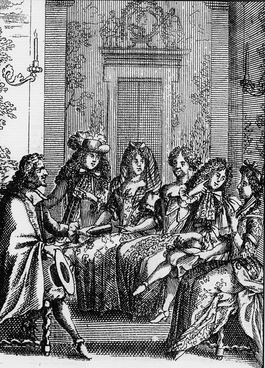 تمثيل مشهد من مسرحية "La Critique de l'ecole des femmes" (1663) لجين بابتيست بوكلين دي موليير (1622-1673). بواسطة المدرسة الفرنسية
