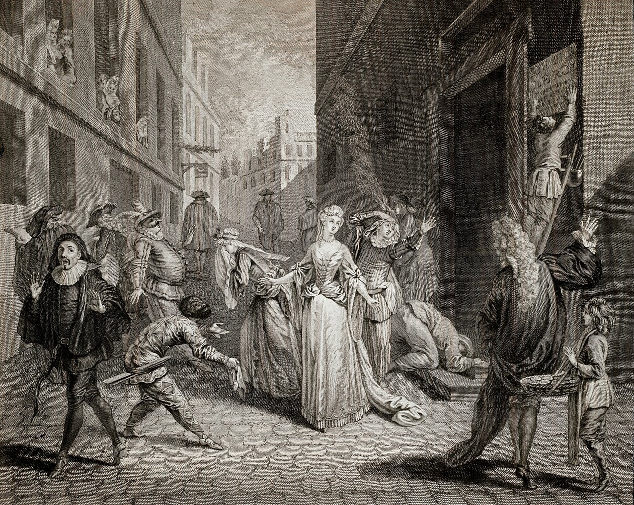 الإرهاب (1793-1794): يتم اصطياد الكوميديين الإيطاليين (ترجمة شخصيات من Commedia dell'arte) خارج مدينة باريس بعد إجراءات الرقابة في المسارح الباريسية. نقش. مجموعة خاصة بواسطة المدرسة الفرنسية