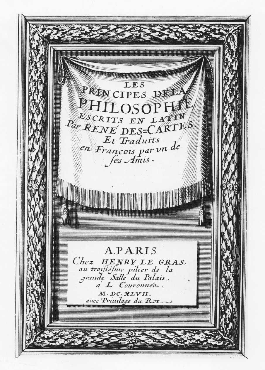 صفحة عنوان "Les Principes de la Philosophie de Descartes" (نقش) بواسطة المدرسة الفرنسية