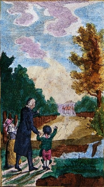 أطفال مع معلمهم ، من Le Nouveau Chemin du Plaisir ، نُشر في نورنبرغ ، أواخر القرن الثامن عشر أو أوائل القرن التاسع عشر (نقش خشبي ملون) بواسطة المدرسة الألمانية