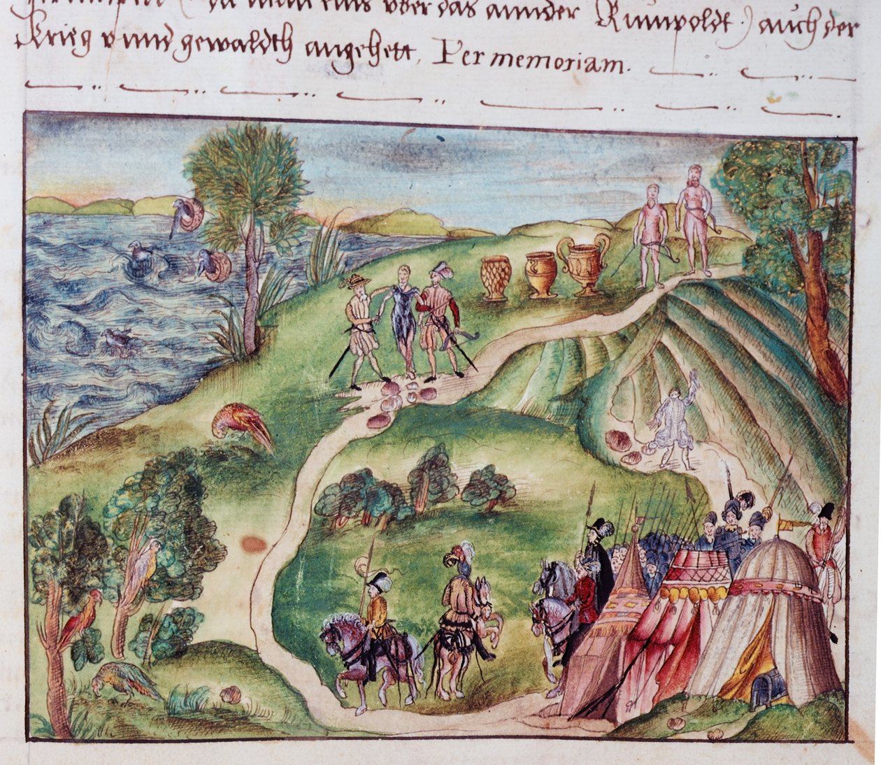 MS Add.15217 fol.40 منظر طبيعي فنزويلي مع معسكر إسباني ، من مجموعة مذكرات عائلة كويلر ، نورمبرغ بواسطة المدرسة الألمانية