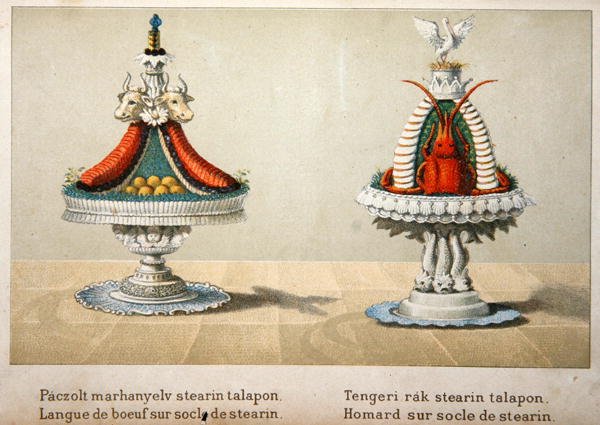 تصميم لعرض لسان الثور على سرير من الإستيارين ولكركند ، رسم توضيحي من كتاب طبخ مجري عن الطبخ الفرنسي ، حوالي عام 1880 (لون ليثو) بواسطة مدرسة الهنغارية