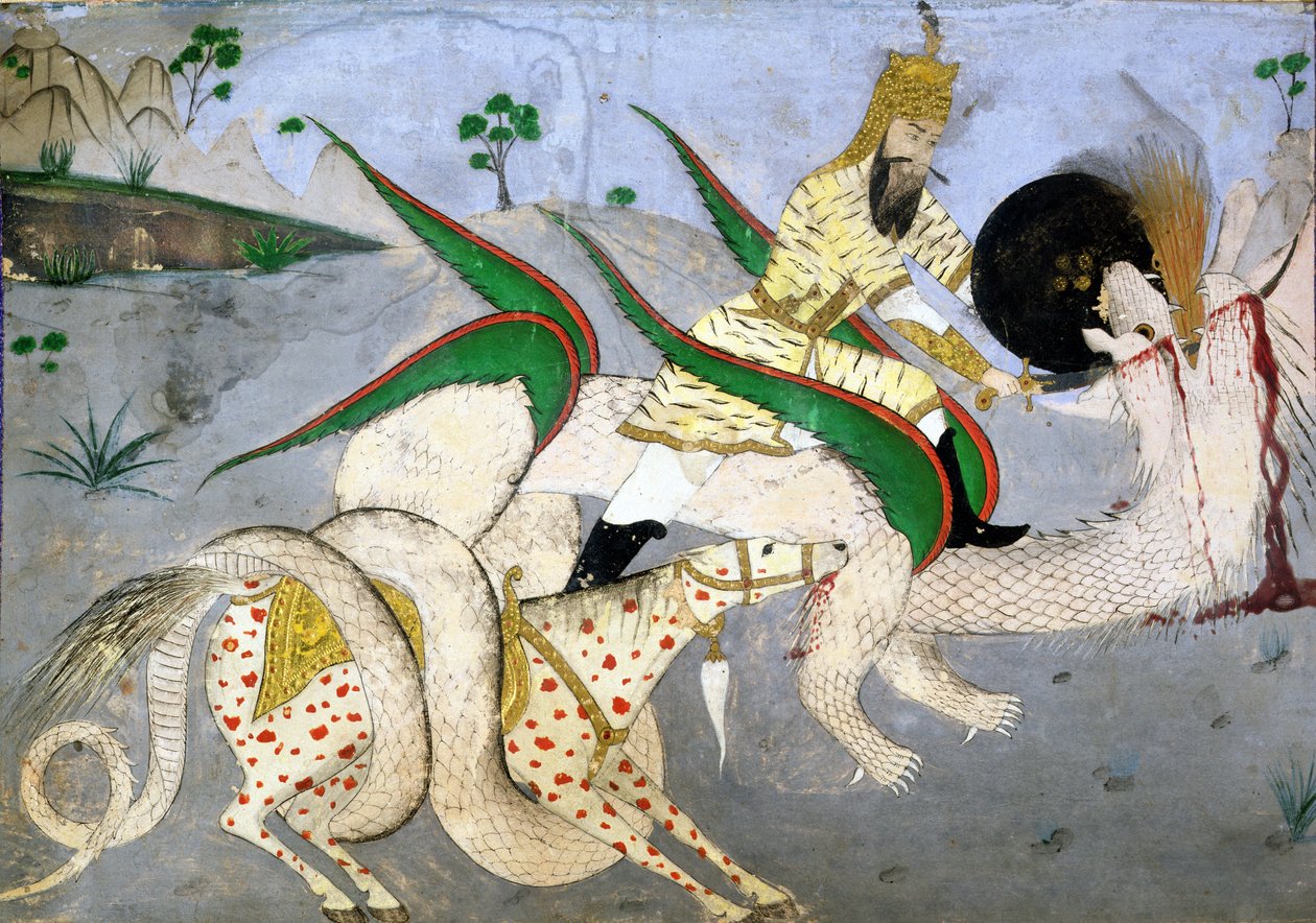 محارب راكب يهاجم تنينًا ، رسم توضيحي من كتاب عن الصوفيين الهنود (حبر على ورق مثبت على بطاقة) بواسطة المدرسة الهندية