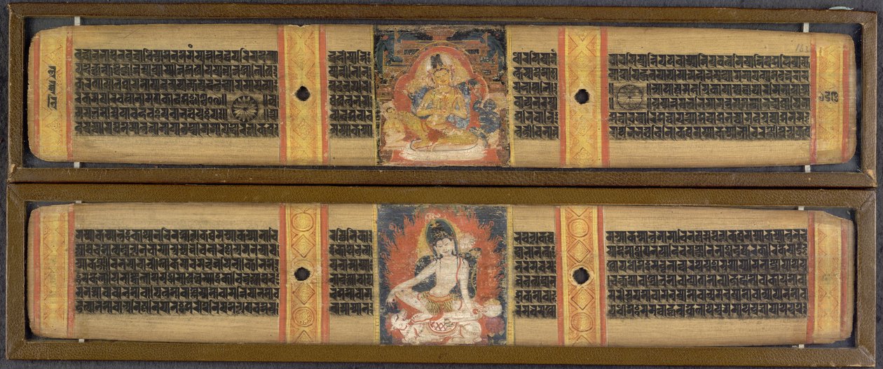 أو. 6902، ff.163v-164 Avalokitesvara and Maitreya ، من "كمال الحكمة في 8000 آية" ، فيكراماسيلا ، حوالي 1135 (حبر على خشب) بواسطة المدرسة الهندية