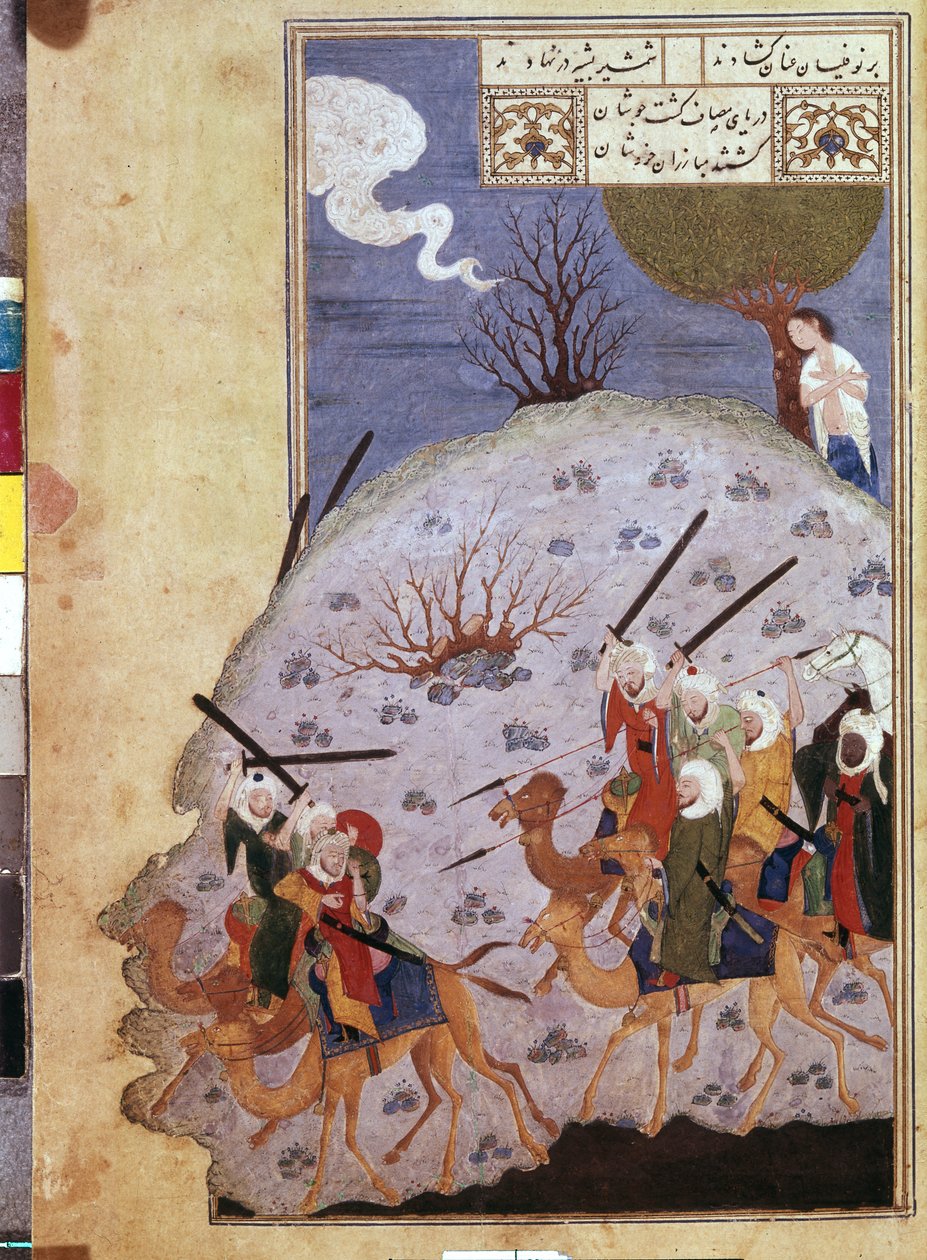 المجنون يشاهد معركة بين نوفل وقبيلة ليلى على يد سيد إيراني. (ألوان مائية ، غواش ، لون أبيض ، حبر على ورق بواسطة المدرسة الإيرانية