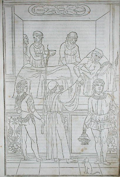 طبيب يزور مريضًا ، من "Fascilulus Medicinae" بقلم يوهانس دي كيتام (DC1490) من القرن الخامس عشر إلى السادس عشر (نقش خشبي) بواسطة المدرسة الايطالية