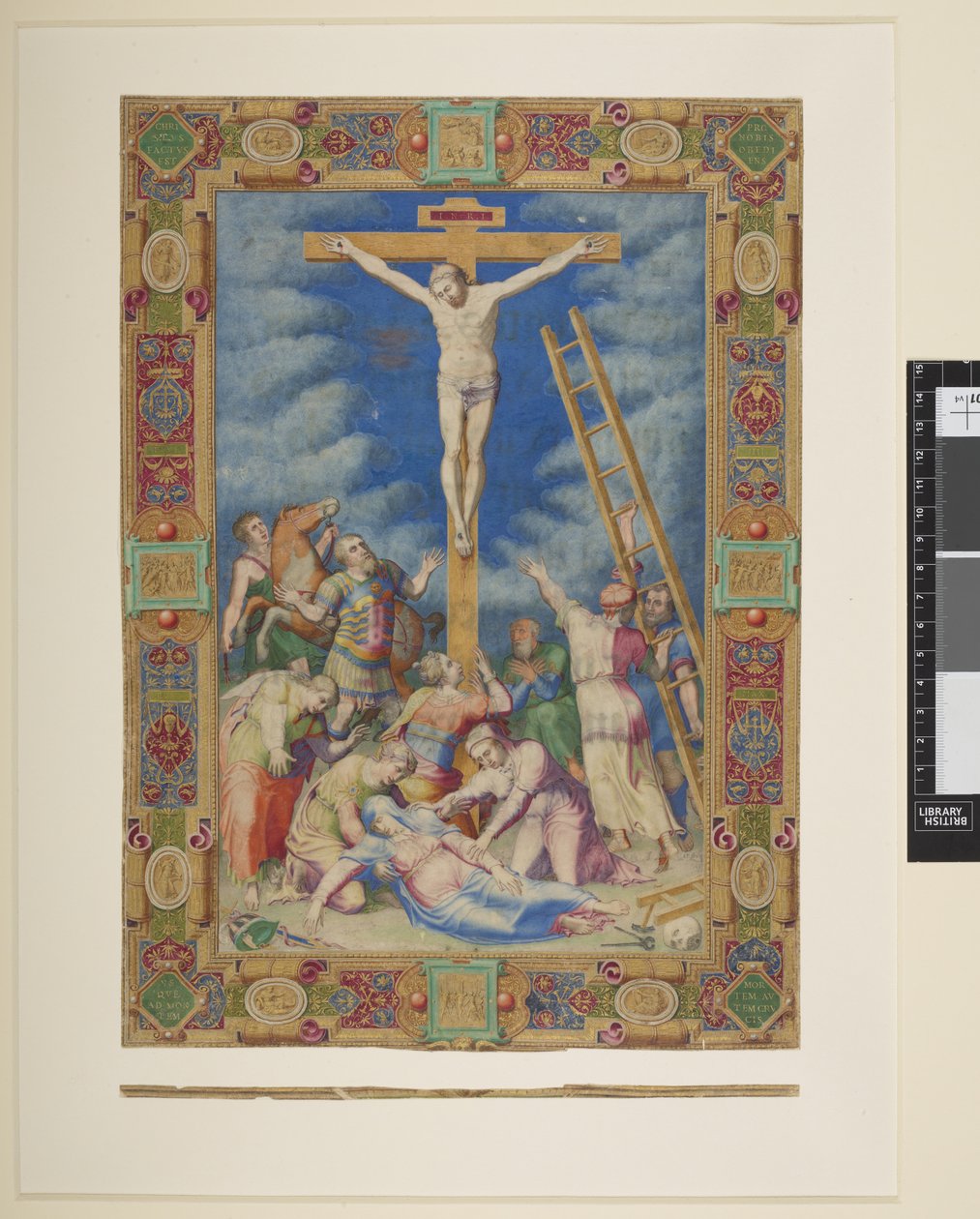 أضف MS 21412 Pius IV Box 6 f.90 صلب المسيح ، "مجموعة من المنمنمات والحدود مقطوعة من مخطوطة إيطالية ...." (حبر ، لون وذهب على رق) بواسطة المدرسة الايطالية