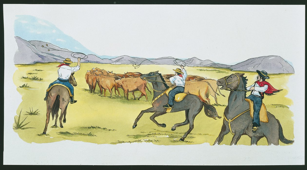Argentina - gauchos gathering cattle in the Pampas (colour litho) بواسطة المدرسة الايطالية