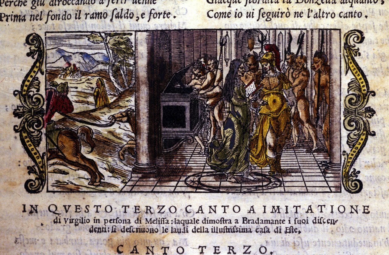 يلتقي برادامانتي بالساحر ميليس الذي يخبرها أنها وروجيه (روجيرو ، روجيرو) أسسا سلالة إستي ، مشهد مأخوذ من القصيدة الفارسية "أورلاندو فوريوسو" (الغاضب رولاند) لودوفيكو أريوستو (1474 - 1533) ديت لاريوست ، الانشوده الثالث بواسطة المدرسة الايطالية