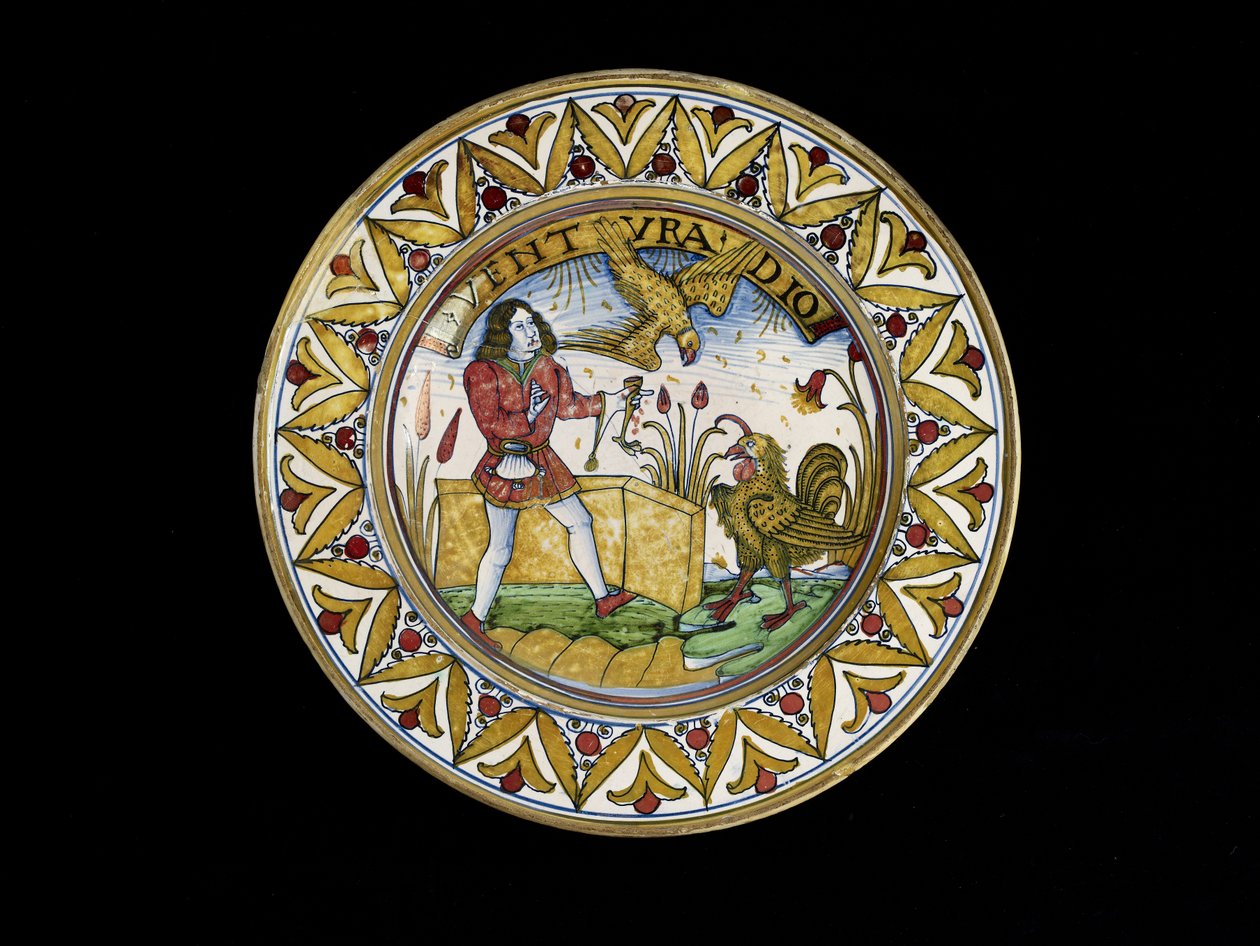 طبق مع مشهد من أساطير إيسوب ، ربما ديروتا ، حوالي 1490-1510 (مايوليكا) بواسطة المدرسة الايطالية