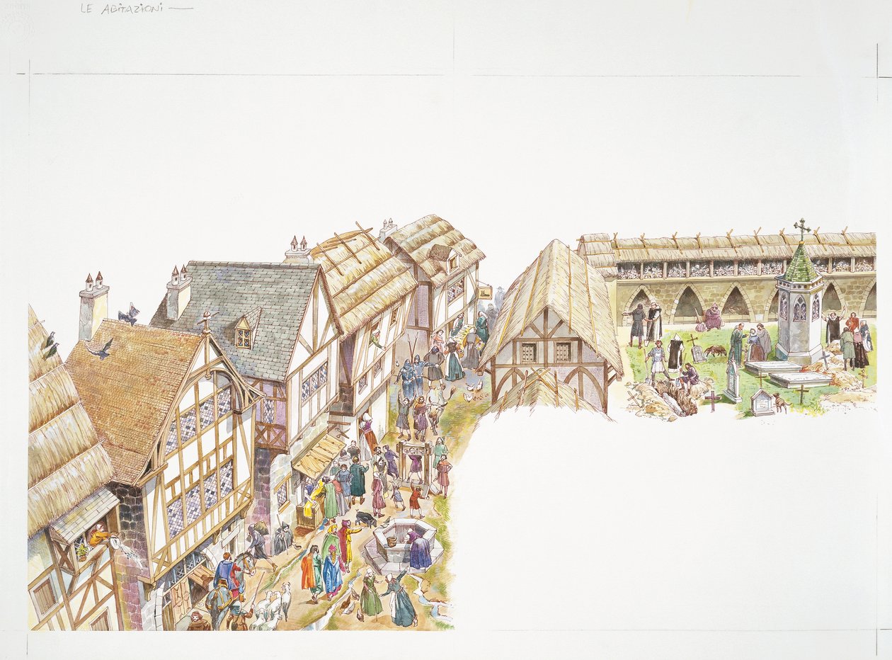 France, Middle Ages - reconstruction of everyday life in a village (colour litho) بواسطة المدرسة الايطالية