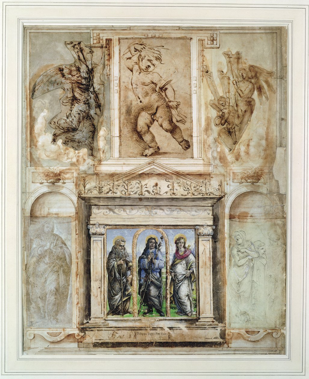 صفحة من "Libro dei Desegni" لجورجيو فاساري (1511-74) مركبة ومؤطرة بعد عام 1524 (نقطة معدنية على الورق) بواسطة المدرسة الايطالية