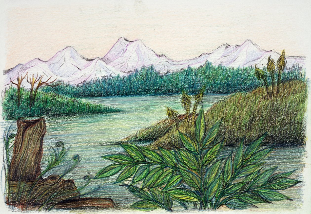 Prehistory - resconstruction of natural environment (colour litho) بواسطة المدرسة الايطالية