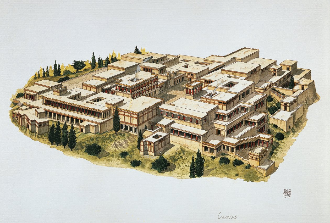 Reconstruction of Knossos Palace, Crete, 20th century BC (colour litho) بواسطة المدرسة الايطالية