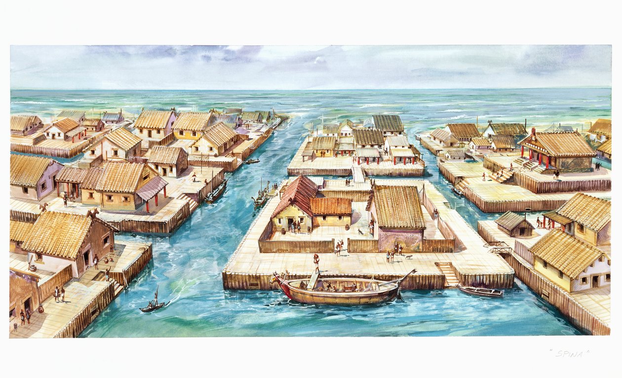 Reconstruction of the port of Spina (colour litho) بواسطة المدرسة الايطالية