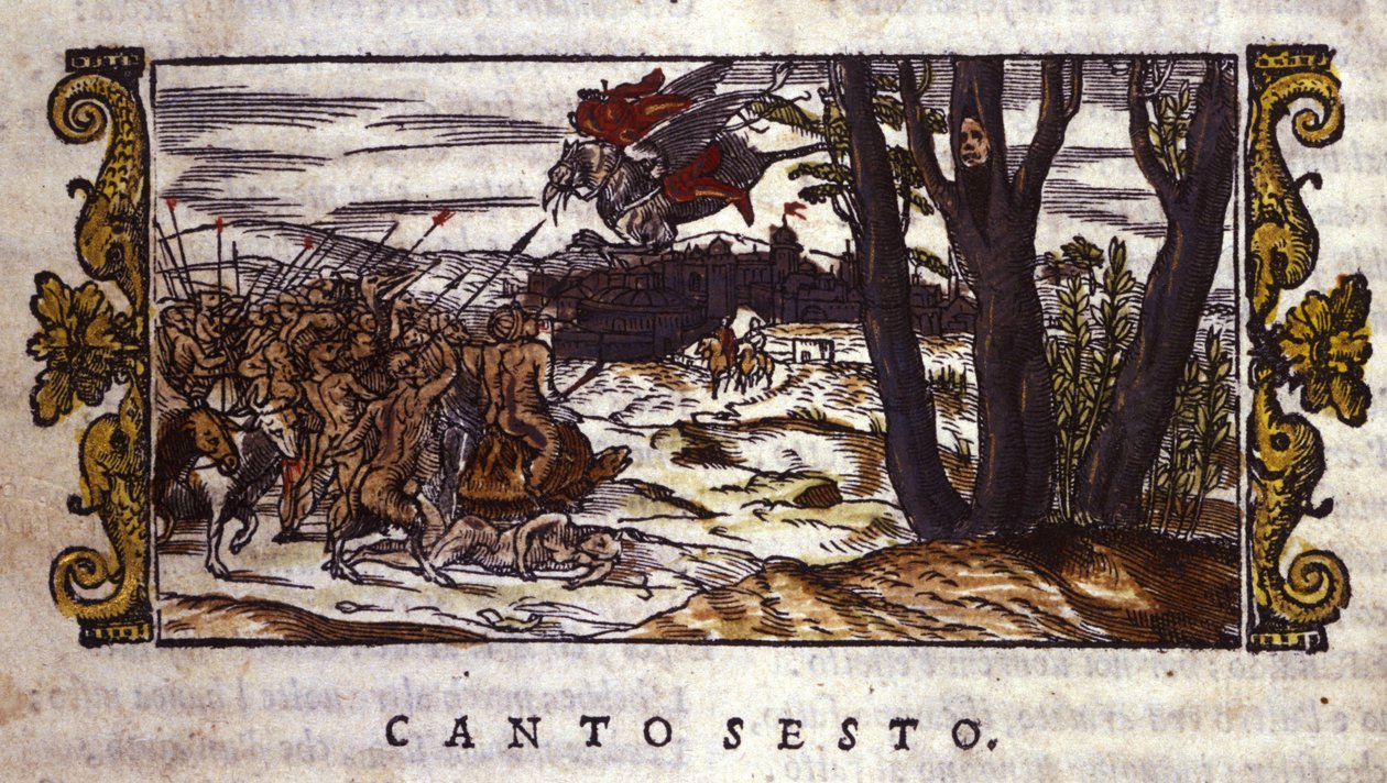 Ruggiero يُحمل بواسطة hippogriff إلى جزيرة Alcina حيث هاجمه جيش من الوحوش ، مشهد من "Orlando Furioso" بواسطة Ludovico Ariosto (1474-1533) بواسطة المدرسة الايطالية