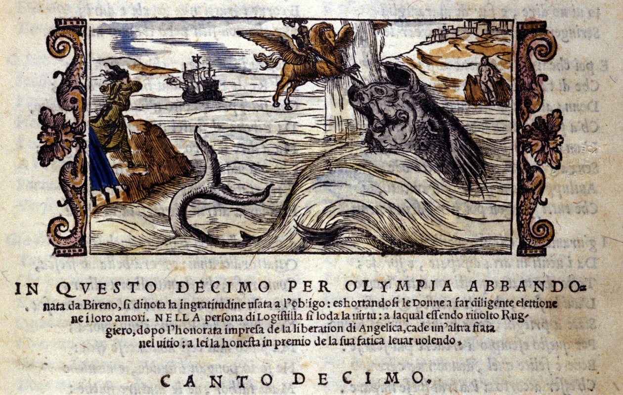 مشهد من القصيدة الشهامة "أورلاندو فوريوسو" (The Furious Roland) للودوفيكو أريوستو (1474-1533) X L'Arioste ، Chant بواسطة المدرسة الايطالية