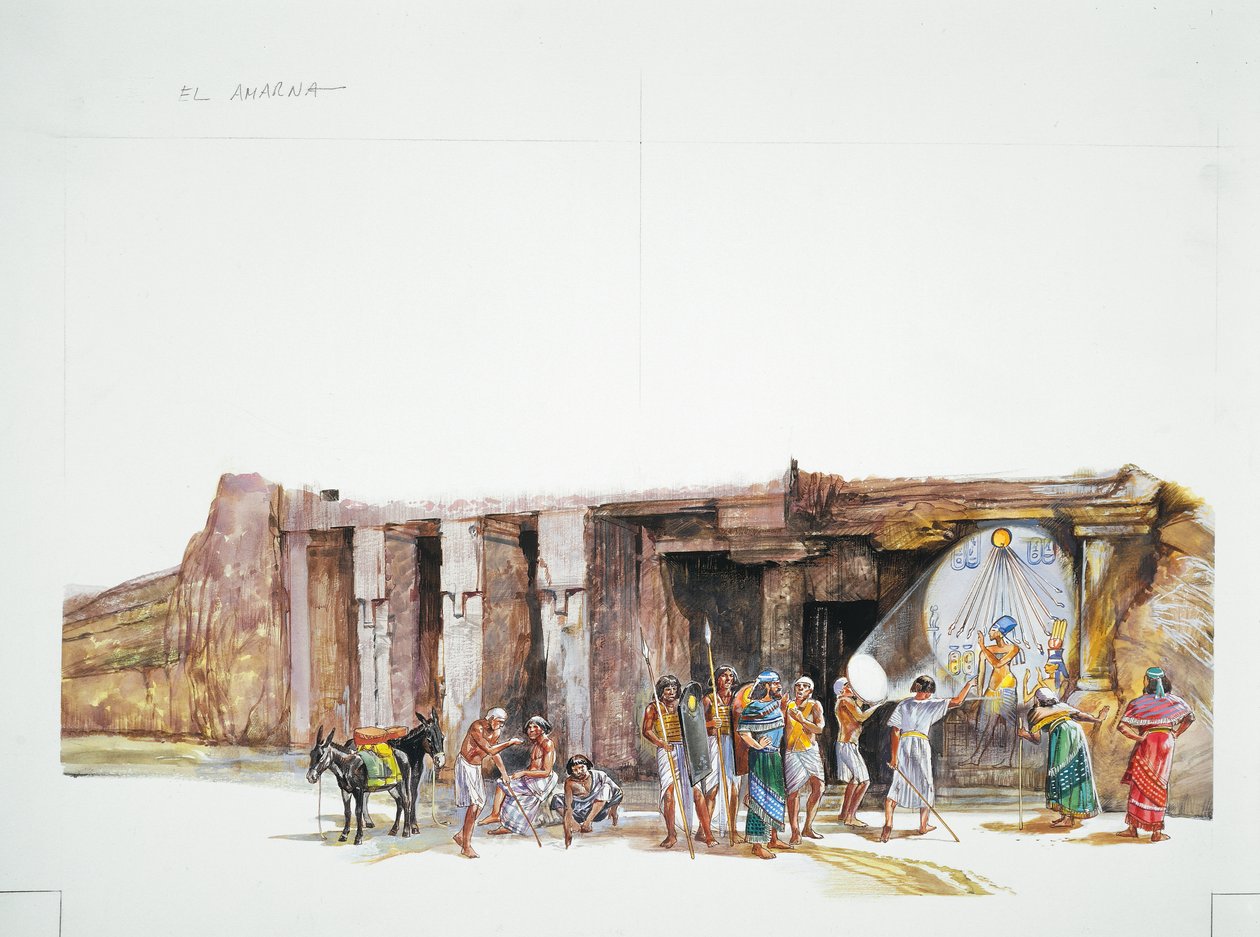 Tell el-Amarna - reconstruction of worship of the god Aton, depicted as the solar disc (colour litho) بواسطة المدرسة الايطالية