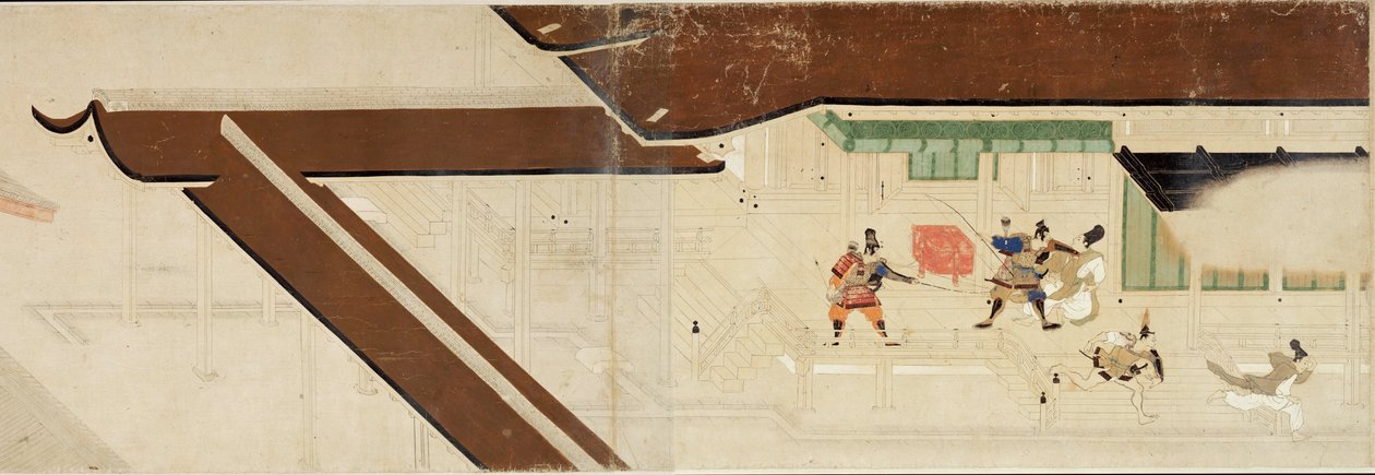 قصة مصورة لتمرد هيجي (1159-1160) (Visite Empiree a Rokuhara) (قصة موحَّدة للحرب الأهلية ، الزيارة الإمبراطورية إلى روكوهارا) - عمل مجهول ، ألوان مائية وحبر على الورق ، التمرير الأول بواسطة المدرسة اليابانية