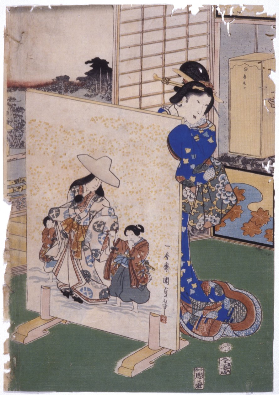 امرأة تقف خلف Tsuitate مع لوحة S. "Kunisada" (نقش خشبي ملون) بواسطة المدرسة اليابانية