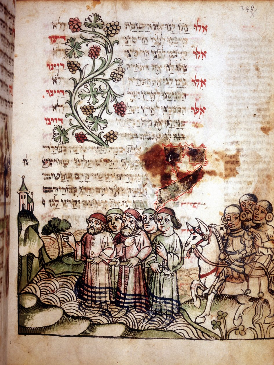 مشهد الكتاب المقدس: اليهود يعبرون البحر الأحمر. صفحة مشازور ، كتاب الصلاة بالعبرية. مخطوطة sd. بواسطة مدرسة يهودية