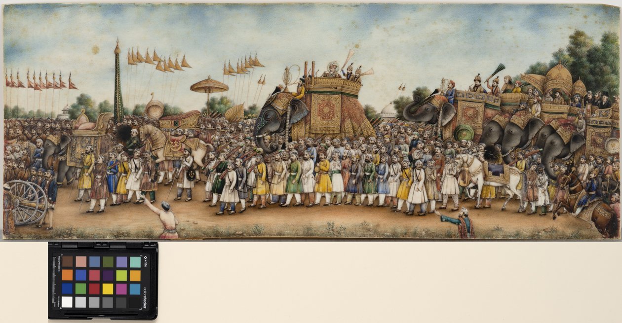 أكبر شاه الثاني يركب فيلًا في موكب ضخم ، حوالي عام 1835 (ألوان مائية غير شفافة وذهب على عاج) بواسطة مدرسة المغول