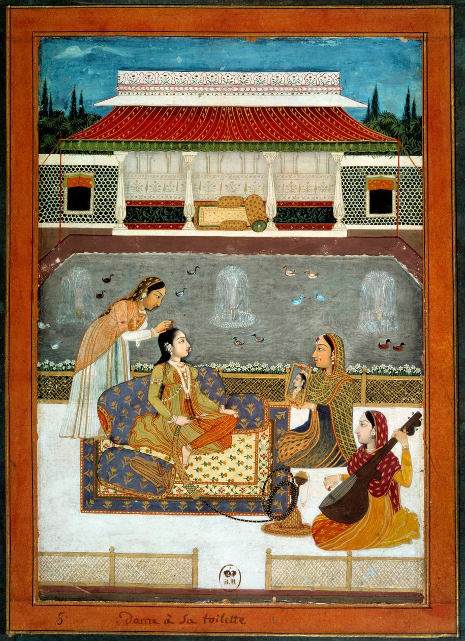 أميرة هندية لديها مرحاضها المصغر من مدرسة موغول عام 1740. بواسطة مدرسة المغول