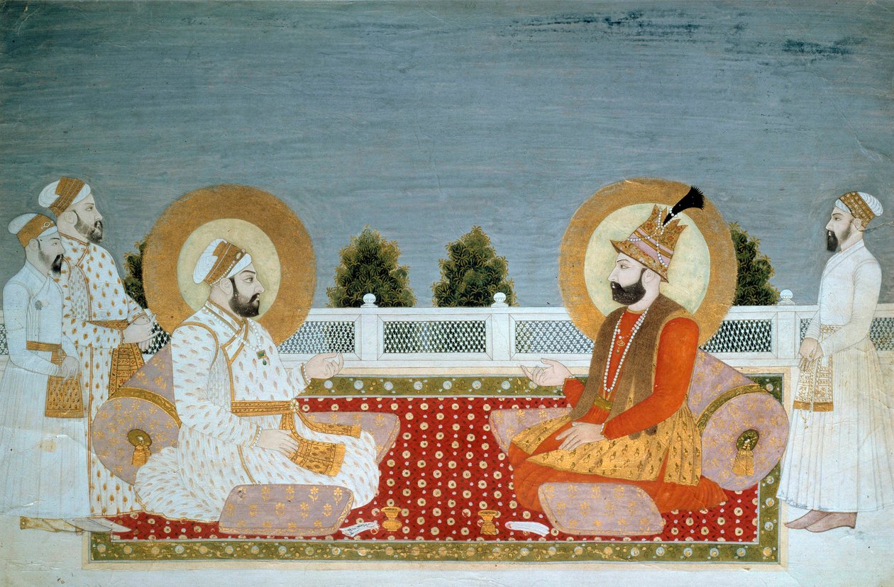 الفن الهندي: "" تمثيل محمد شاه (1702-1748) إمبراطور الهند ونادير شاه (1688-1747) ، شاه إيران "" صورة مصغرة لمدرسة المغول ، محمد شاه (1526-1858 م) ، الشمس. 0،21x0،31 م - باريس ، متحف جيميه ، المتحف الوطني للفنون الآسيويين - م بواسطة مدرسة المغول