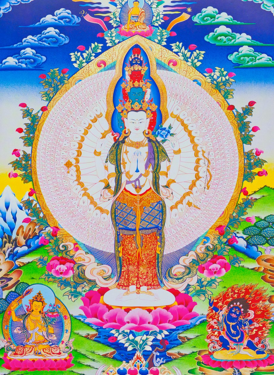 صورة تصور آلاف الأسلحة Avalokiteshvara ، أحد عشر رأسًا Avalokiteshvara بألف ذراع و 1022 عينًا ترمز إلى الرحمة اللانهائية (الغواش على القماش) بواسطة المدرسة النيبالية
