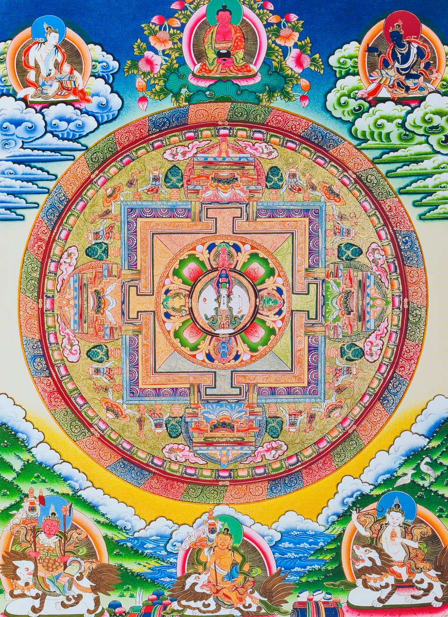 ماندالا بألف سلاح Avalokiteshvara ؛ الدائرة المقدسة السحرية التي تصور بوديساتفا الأحد عشر رأسًا والتي ترمز إلى الرحمة اللانهائية (الغواش على القماش) بواسطة المدرسة النيبالية