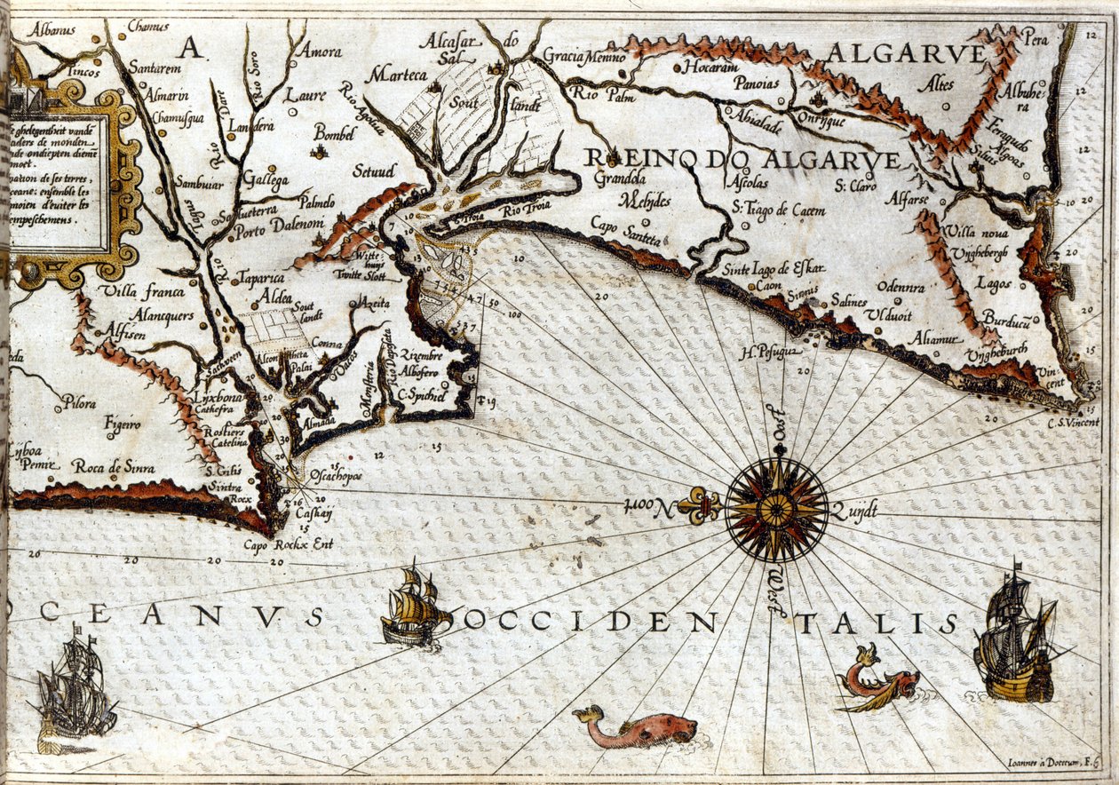 Cape Sagres (أو الرأس المقدس) في نهاية البرتغال بعد طباعة بورتولان Luca J. Waghenaer Treesor of zeevaert في Leiden في عام 1592 بواسطة مدرسة هولندا